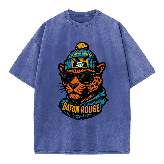 Baton Rouge Jaguar wearing Southern beanie with SU patch - Vintage T-shirt - Blue
