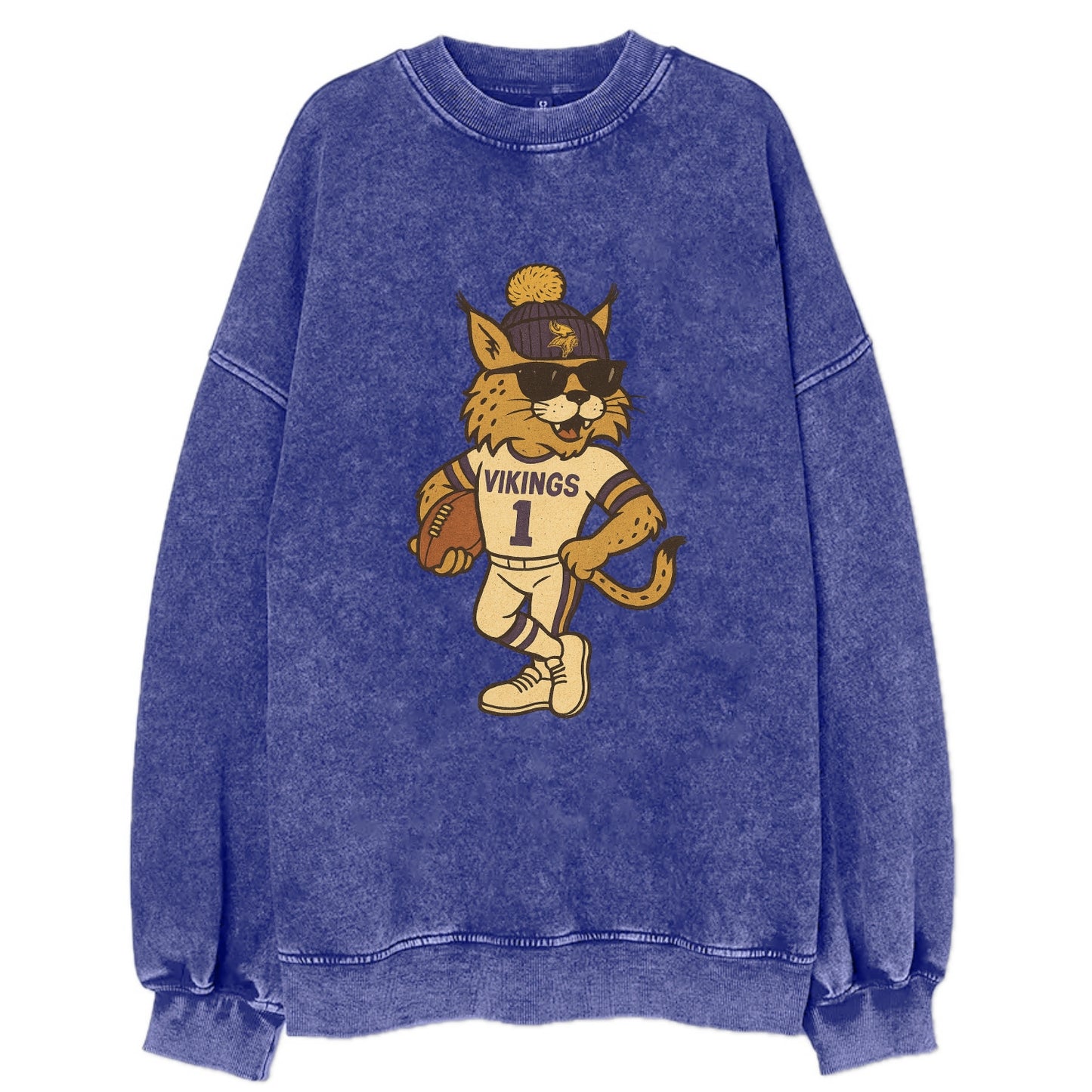 Minneapolis Lynx wearing Vikings beanie with Norse patch and wayfarer - Vintage Sweatshirt - Blue