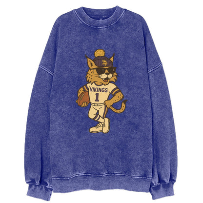 Minneapolis Lynx wearing Vikings beanie with Norse patch and wayfarer - Vintage Sweatshirt - Blue