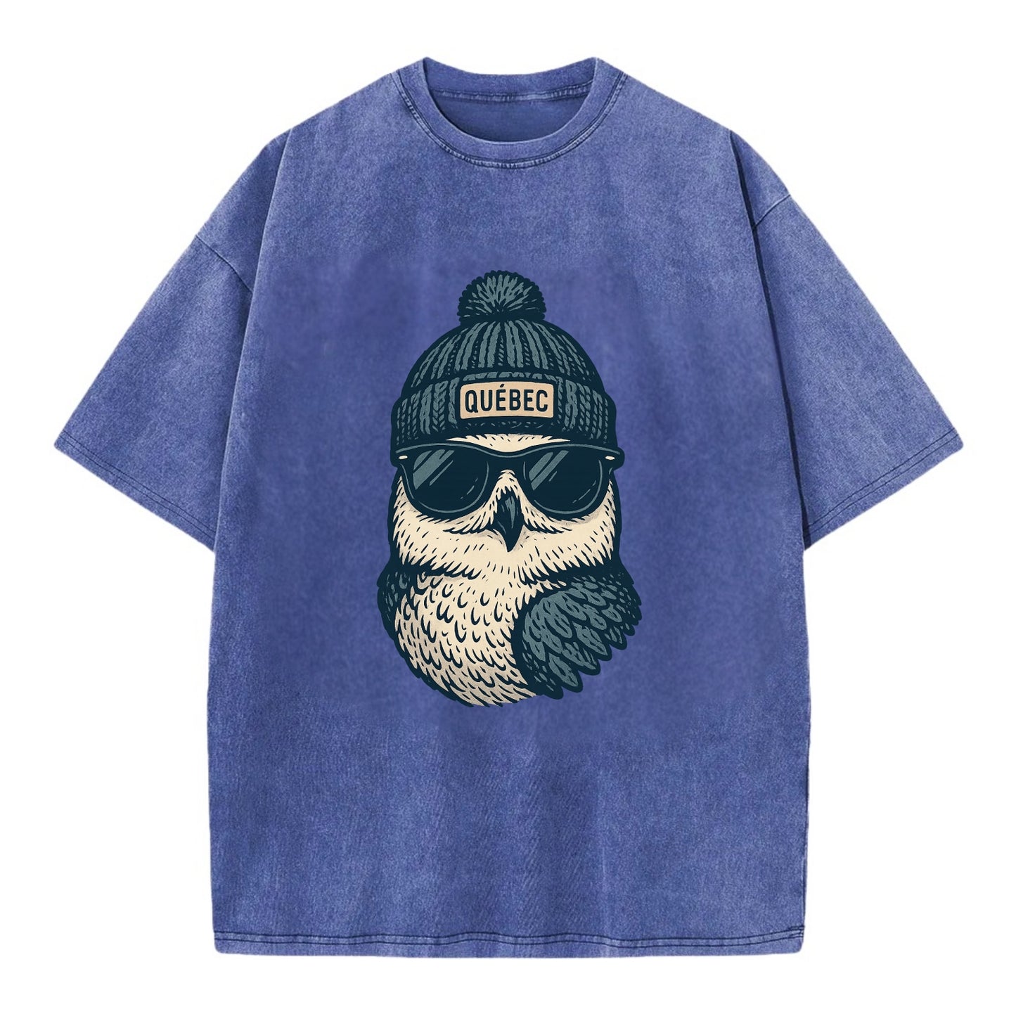 Quebec City Snowy Owl wearing Quebec bea - Vintage T-shirt - Blue