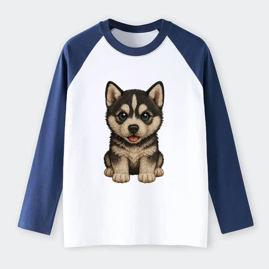 Baby Siberian Husky Puppy - blue or bi-colored eyes, fluffy coat, - Raglan Long Sleeve T-Shirt - Blue
