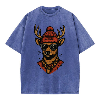 Columbus White-tailed Deer wearing Columbus beanie with pom pom and wayfarer - Vintage T-shirt - Blue