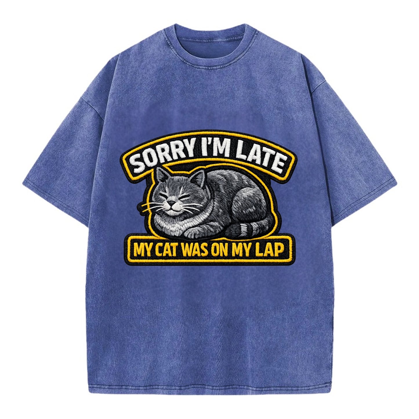 SORRY IM LATE MY CAT WAS ON MY LAP - cat loaf in gray , valid excuse - Vintage T-shirt - Blue