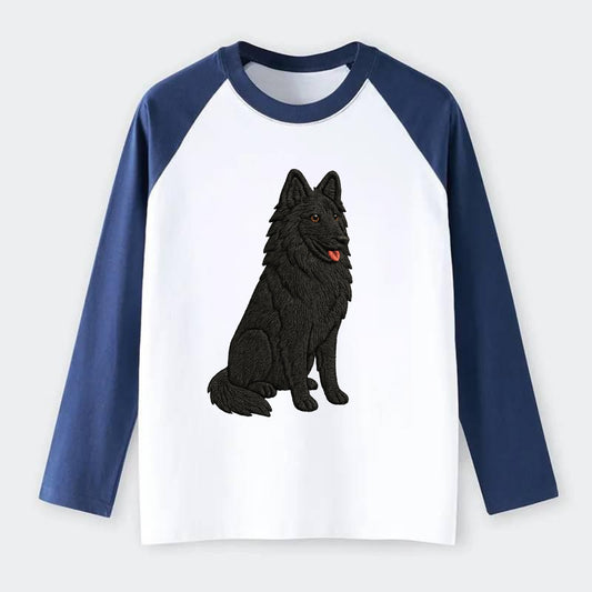 Belgian Sheepdog - Black long-haired embroidered pose - Raglan Long Sleeve T-Shirt - Blue