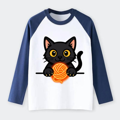 Midnight the black cat popping out of a gift box lid with ribbon - Raglan Long Sleeve T-Shirt - Blue