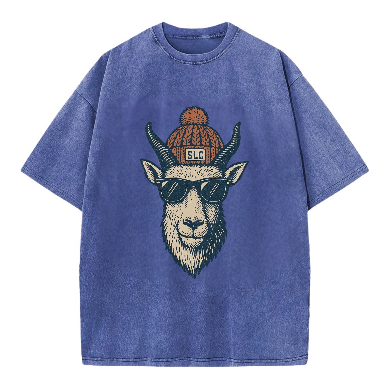 Salt Lake City Mountain Goat wearing SLC beanie with pom pom and wayfarer - Vintage T-shirt - Blue