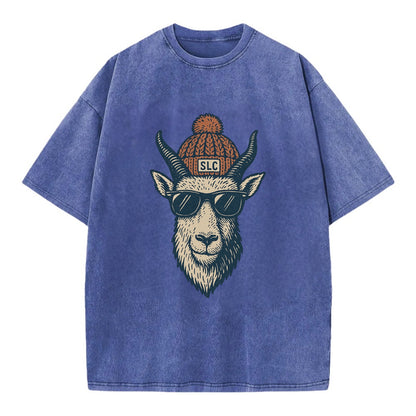 Salt Lake City Mountain Goat wearing SLC beanie with pom pom and wayfarer - Vintage T-shirt - Blue