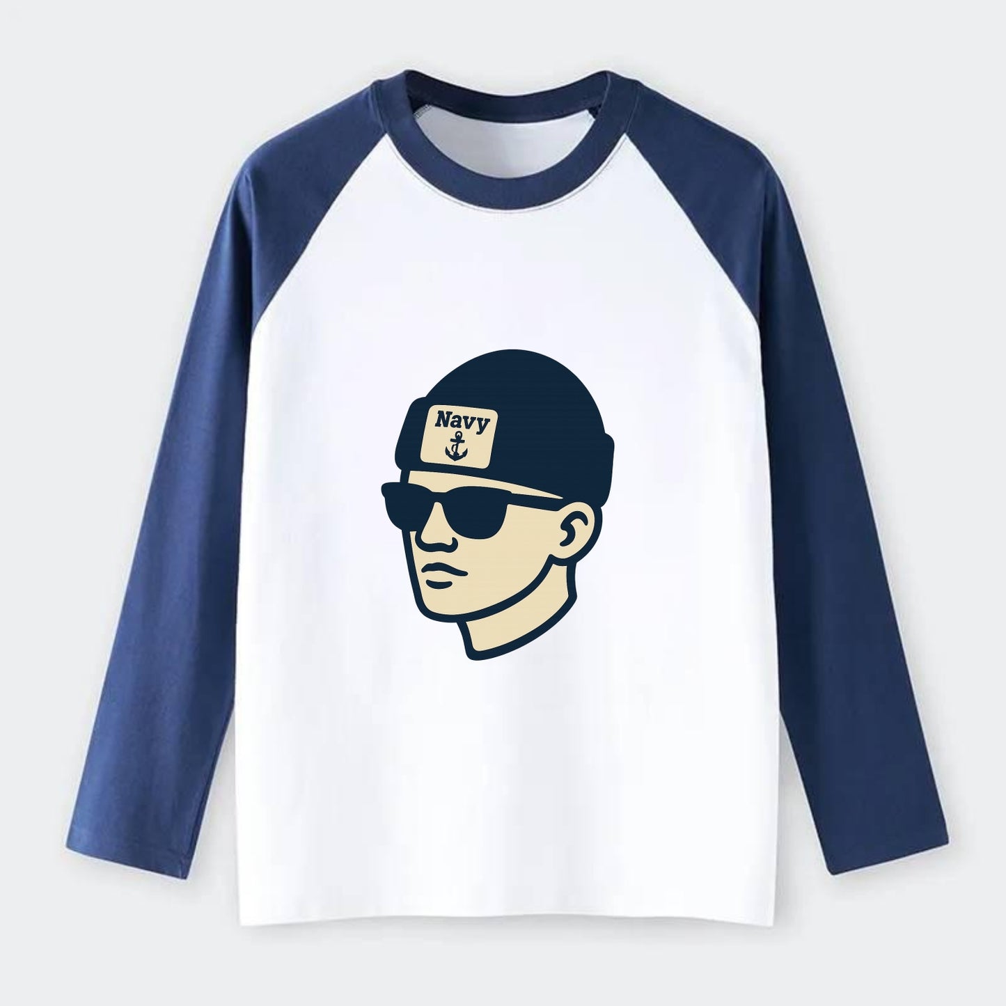 Annapolis Midshipman wearing Navy beanie with anchor patch - Raglan Long Sleeve T-Shirt - Blue