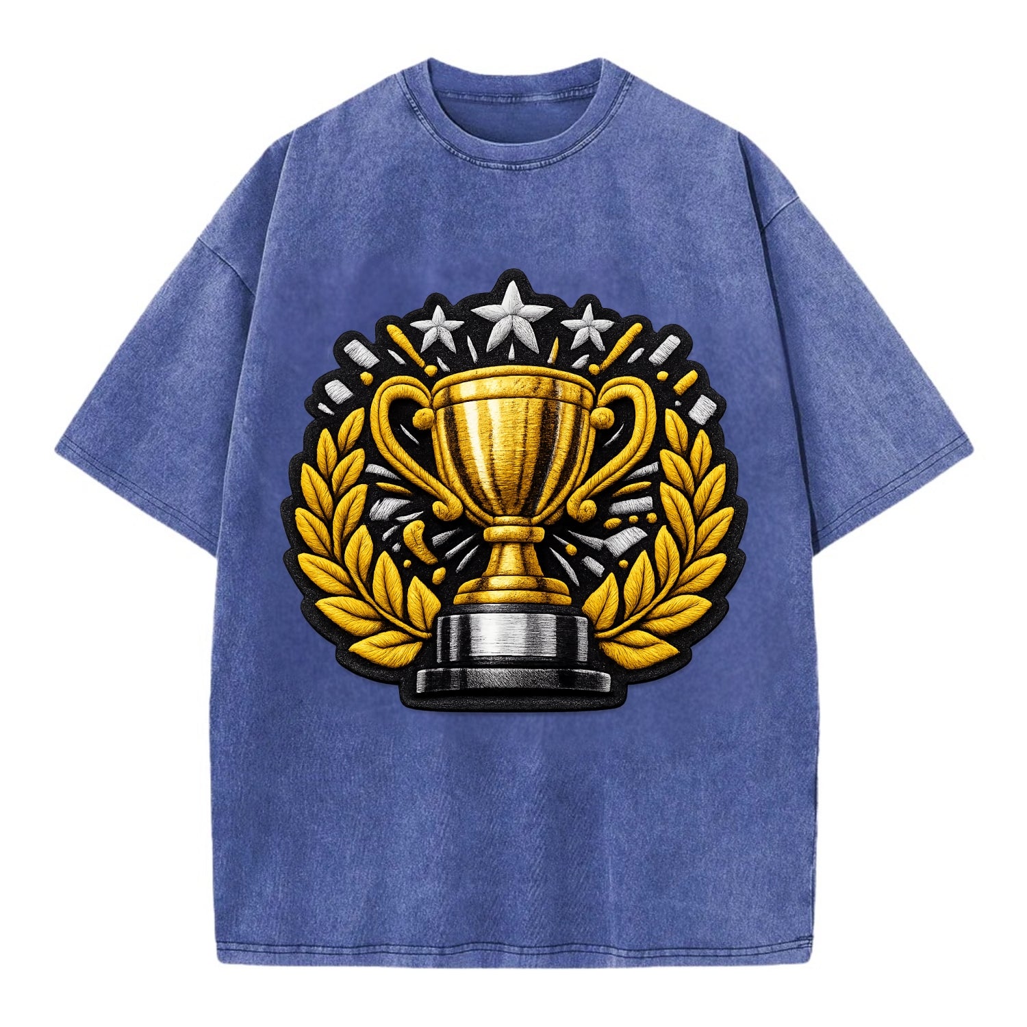 Embroidered patch design - CHAMPIONSHIP TROPHY - golden trophy cup with laurels - Vintage T-shirt - Blue