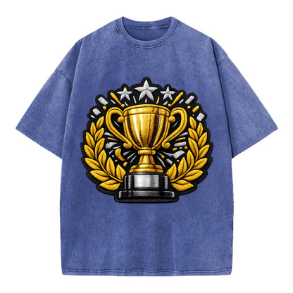 Embroidered patch design - CHAMPIONSHIP TROPHY - golden trophy cup with laurels - Vintage T-shirt - Blue