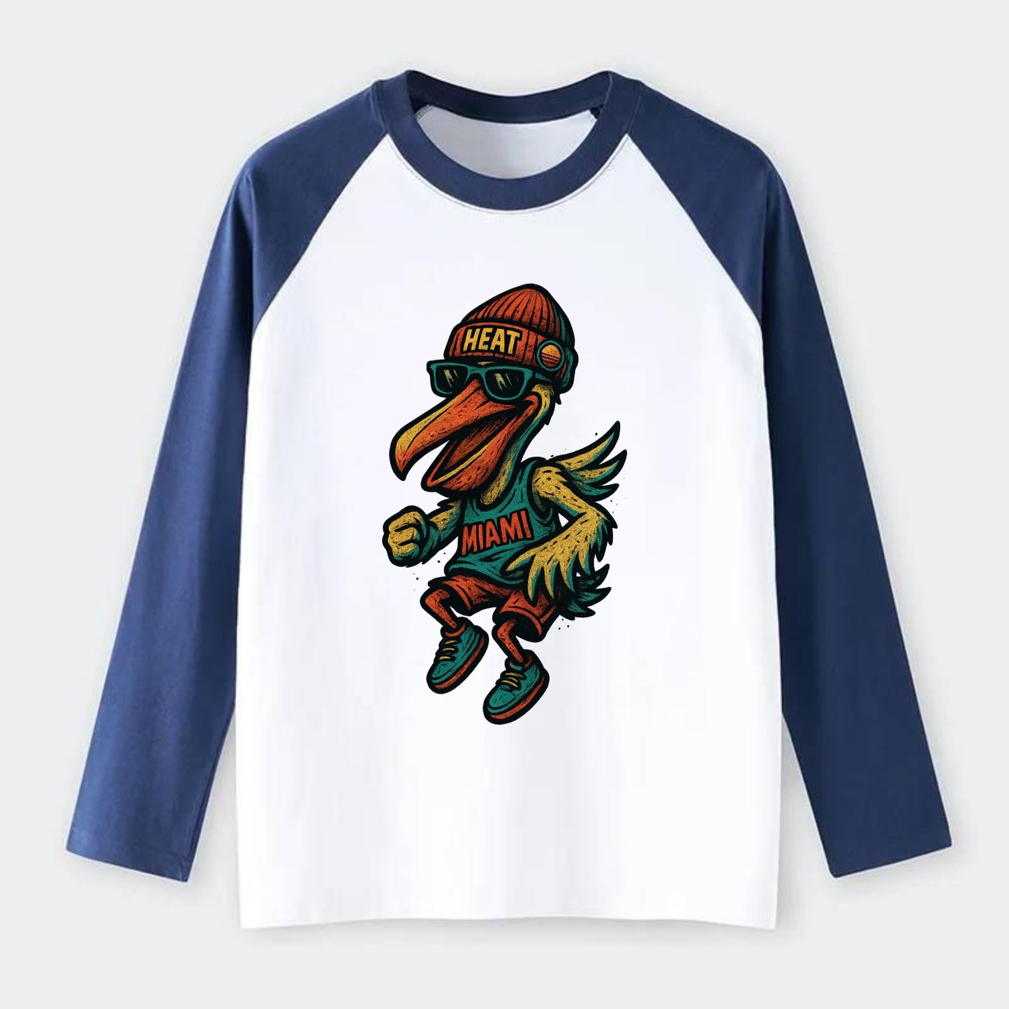 Miami Pelican wearing Heat beanie with sunset patch and wayfarer - Raglan Long Sleeve T-Shirt - Blue