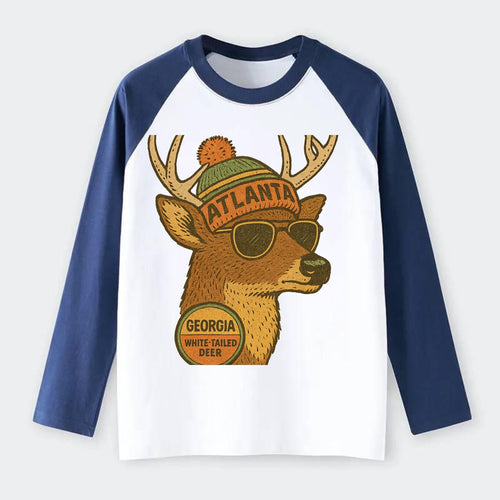 Georgia White-tailed Deer wearing Atlanta beanie with pom pom and - Raglan Long Sleeve T-Shirt
