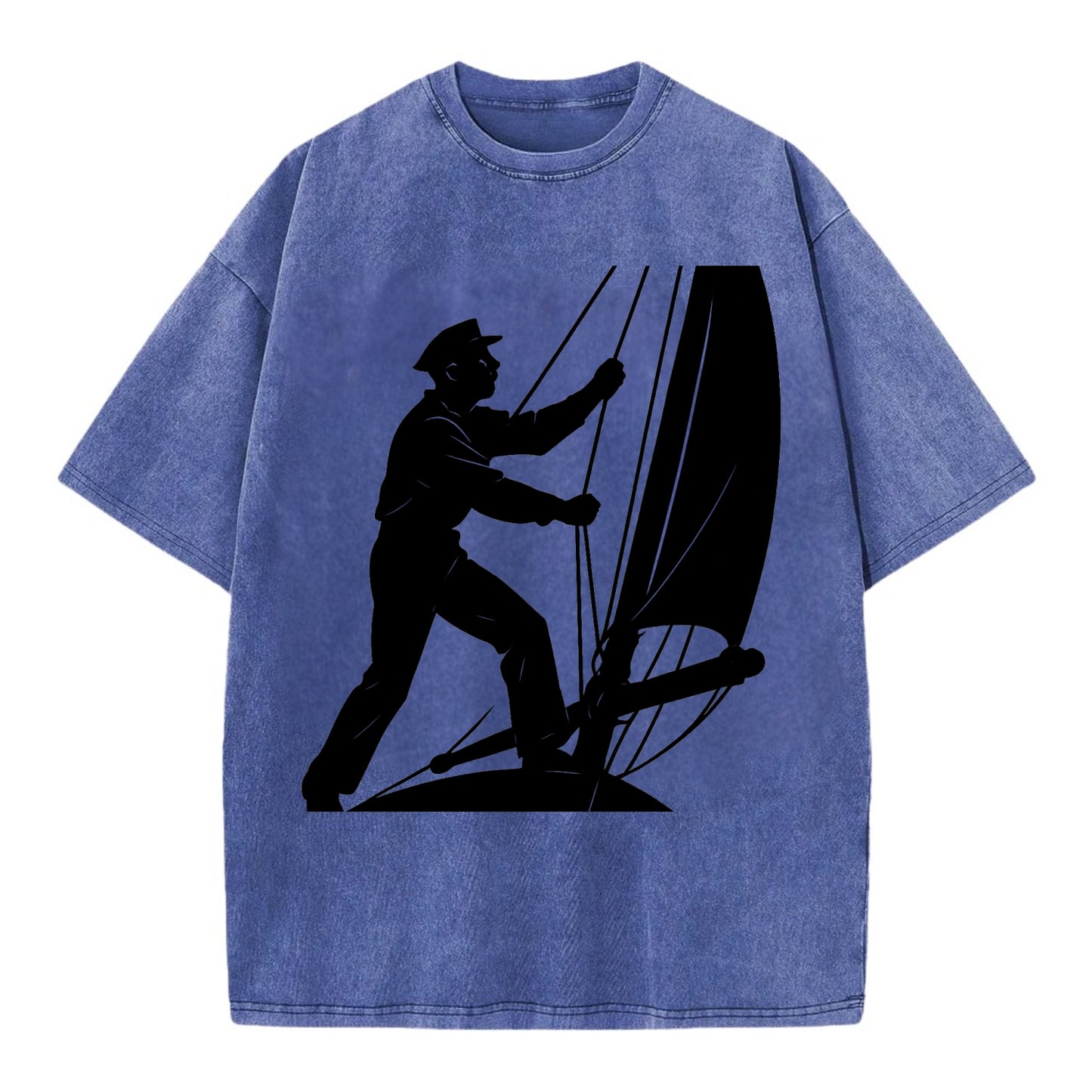 Sailor adjusting the boom on a sailboat - Vintage T-shirt - Blue