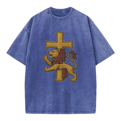 Lion and Cross  - Vintage T-shirt - Blue