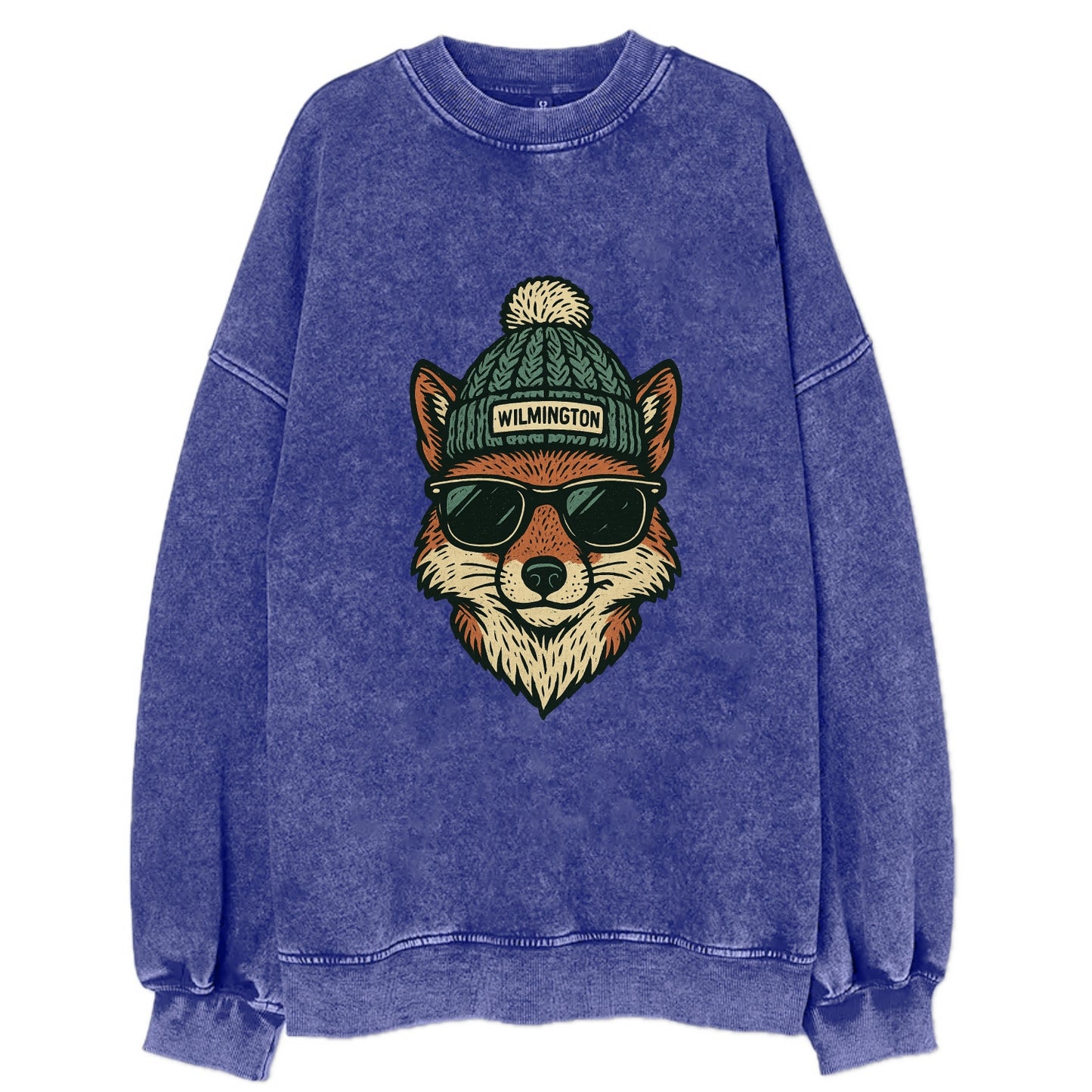 Delaware Gray Fox wearing Wilmington beanie with pom pom and wayfarer - Vintage Sweatshirt - Blue