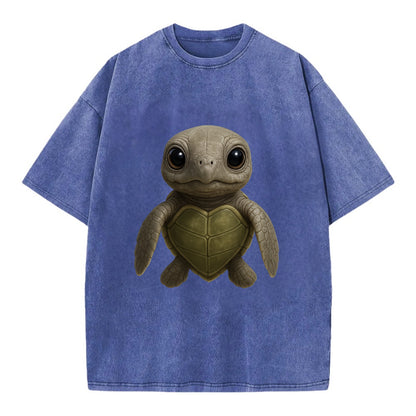 Baby Olive Ridley Turtle - olive green shell, heart-shaped carapace, bright eyes, - Vintage T-shirt - Blue