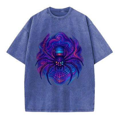 Tech spider with legs showing circuit board patterns, web glowing in neon grid - Vintage T-shirt - Blue