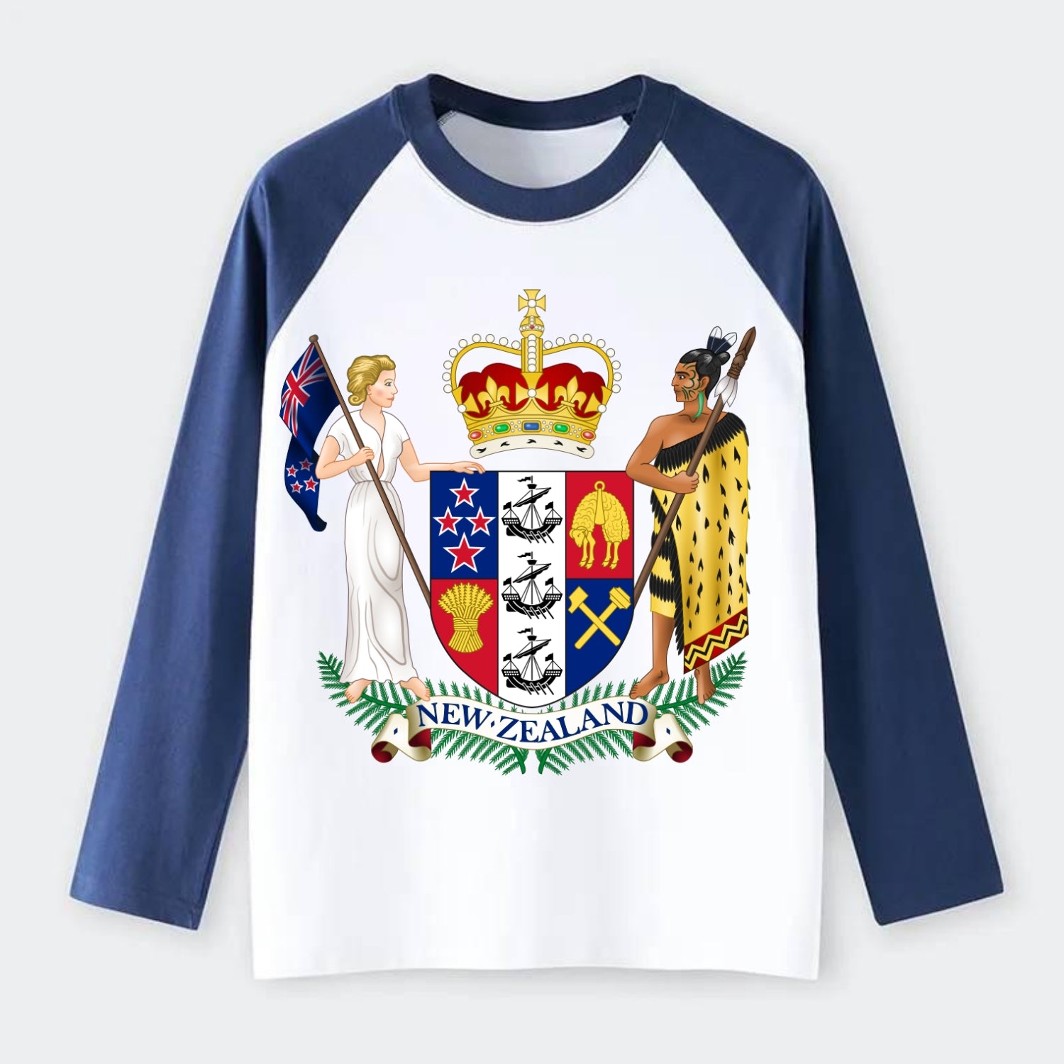 Coat Of Arms Of New Zealand - Raglan Long Sleeve T-Shirt - Blue