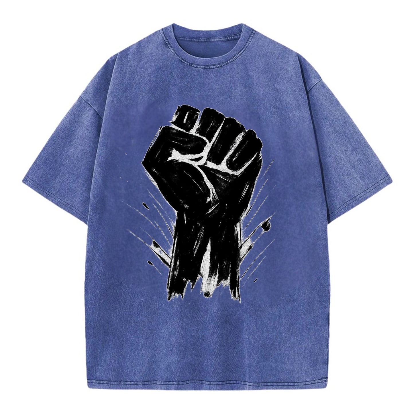Raised fist in bold black ink brushstrokes - symbol of solidarity and resistance - Vintage T-shirt - Blue
