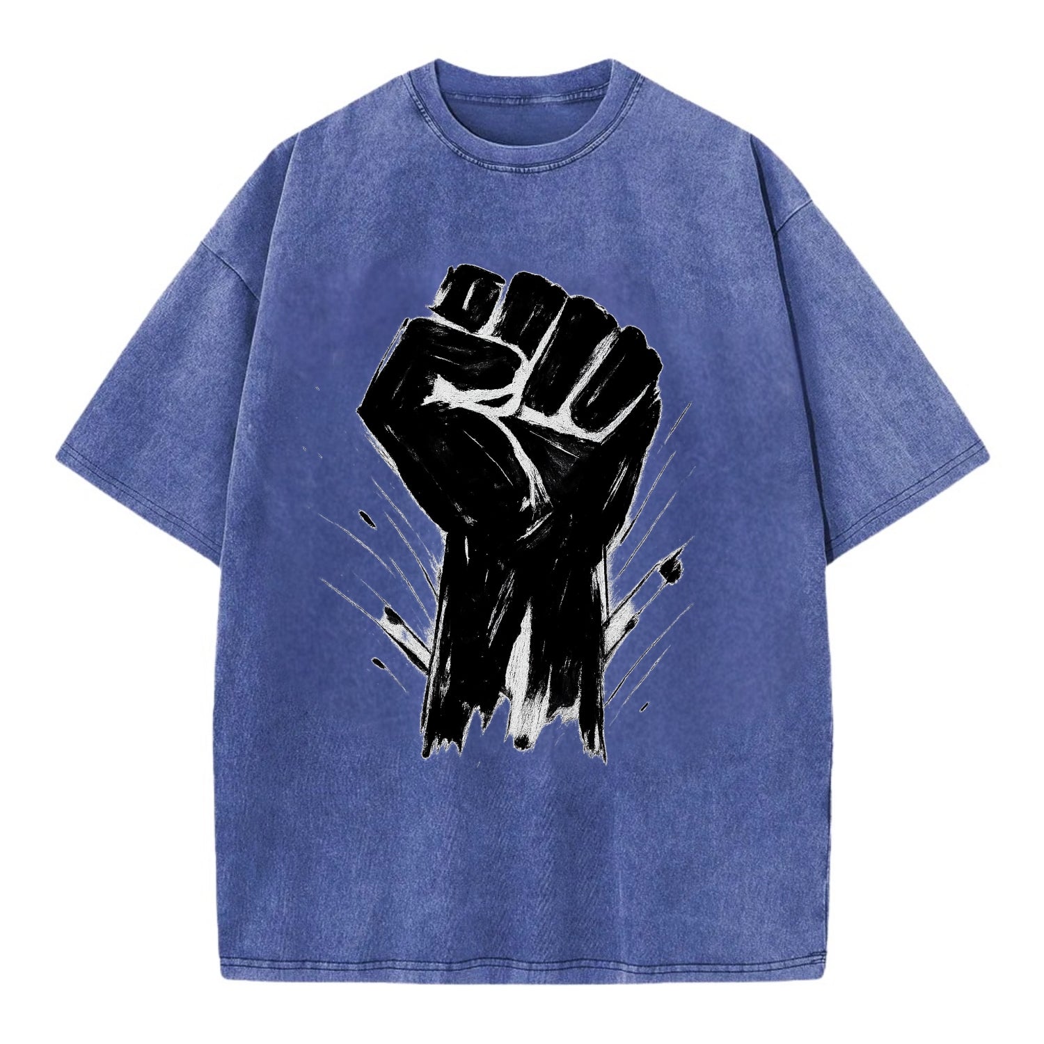Raised fist in bold black ink brushstrokes - symbol of solidarity and resistance - Vintage T-shirt - Blue