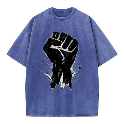 Raised fist in bold black ink brushstrokes - symbol of solidarity and resistance - Vintage T-shirt - Blue