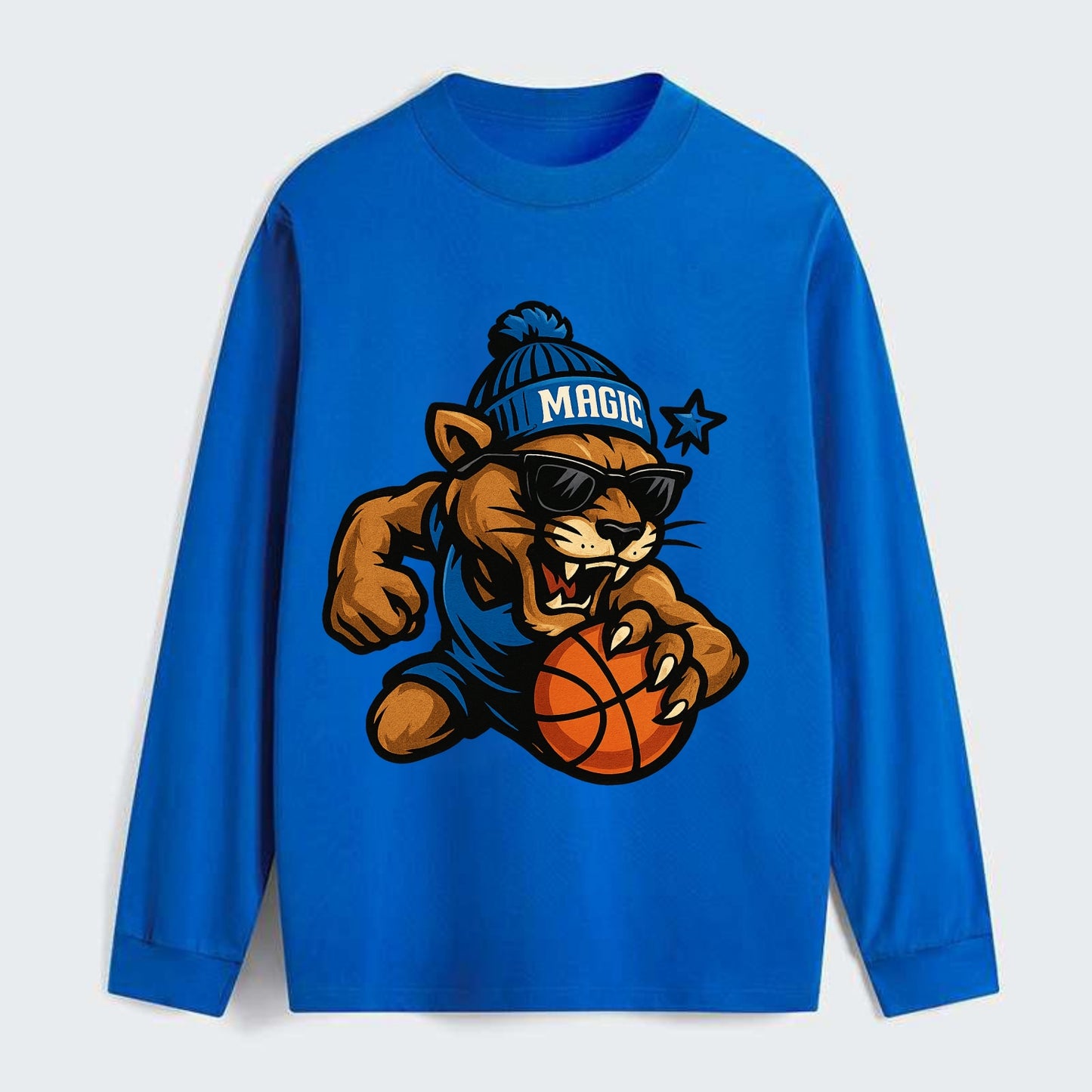 Florida Panther wearing Magic beanie with star wand patch and wayfarer - Classic Long Sleeve Shirt - Blue