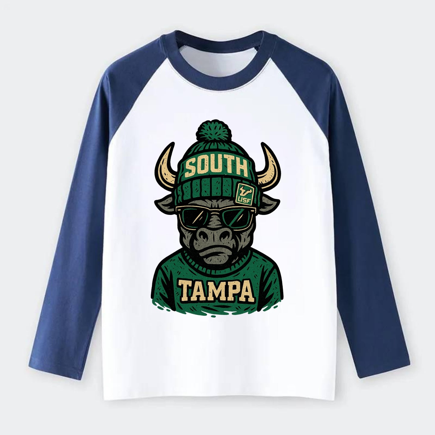 Tampa Bull wearing South Florida beanie with USF patch - Raglan Long Sleeve T-Shirt - Blue