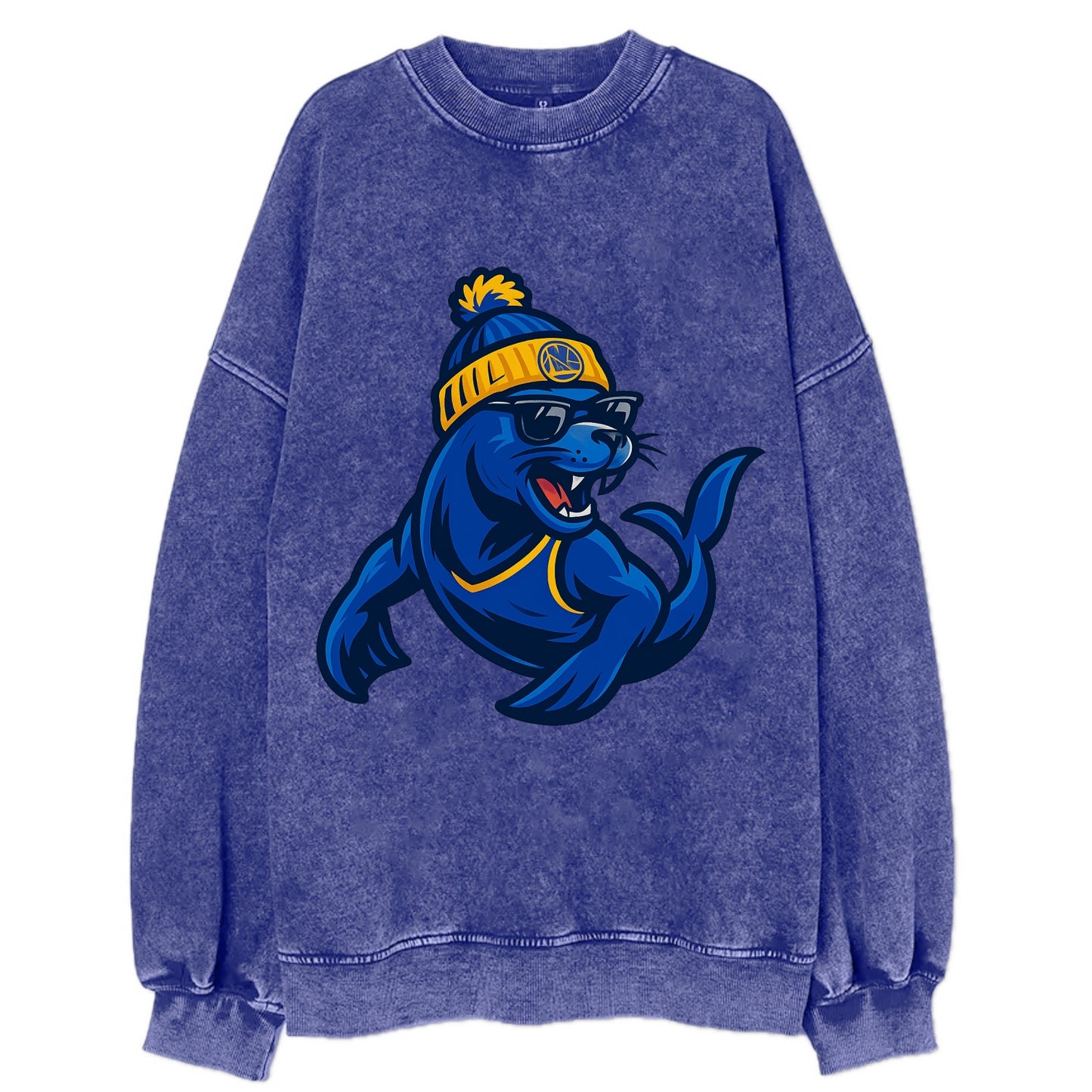 Bay Area Sea Lion wearing Warriors blue and gold beanie with Golden Gate and - Vintage Sweatshirt - Blue