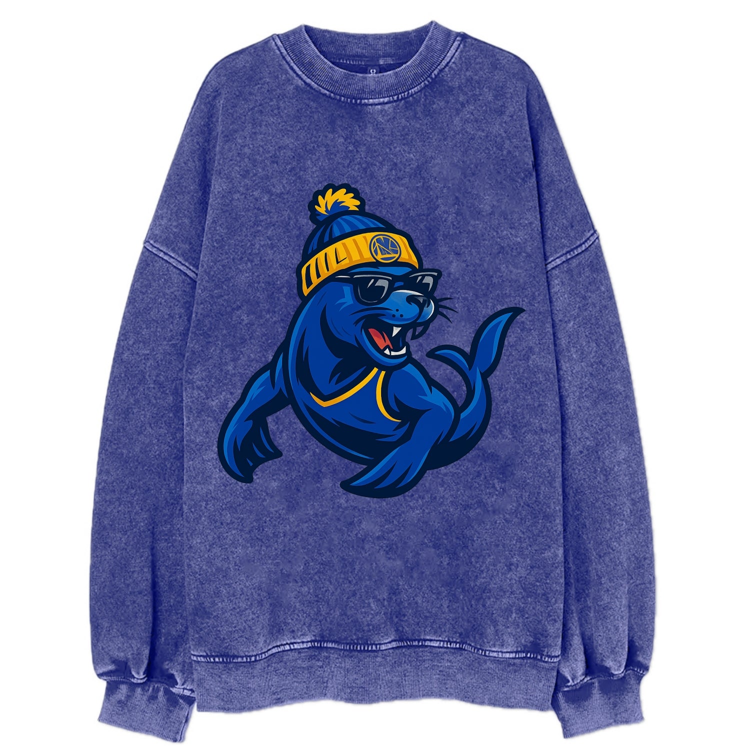 Bay Area Sea Lion wearing Warriors blue and gold beanie with Golden Gate and - Vintage Sweatshirt - Blue