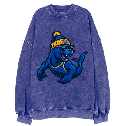 Bay Area Sea Lion wearing Warriors blue and gold beanie with Golden Gate and - Vintage Sweatshirt - Blue