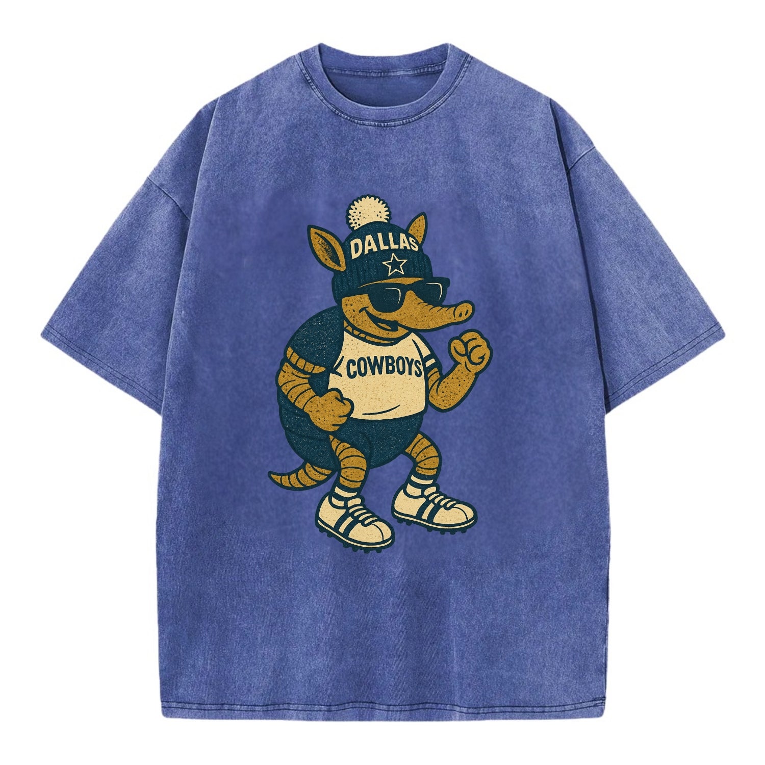 Dallas Armadillo wearing Cowboys beanie with lone star patch and wayfarer - Vintage T-shirt - Blue