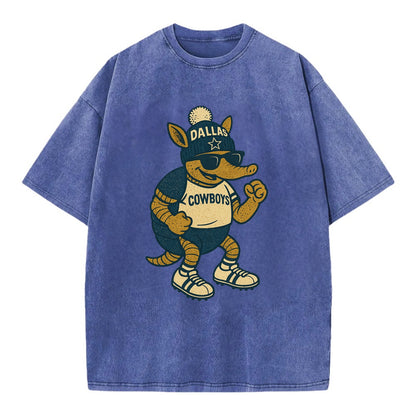 Dallas Armadillo wearing Cowboys beanie with lone star patch and wayfarer - Vintage T-shirt - Blue
