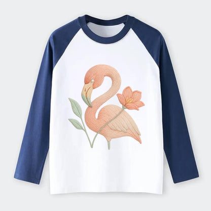 Peach Flamingo - Raglan Long Sleeve T-Shirt - Blue
