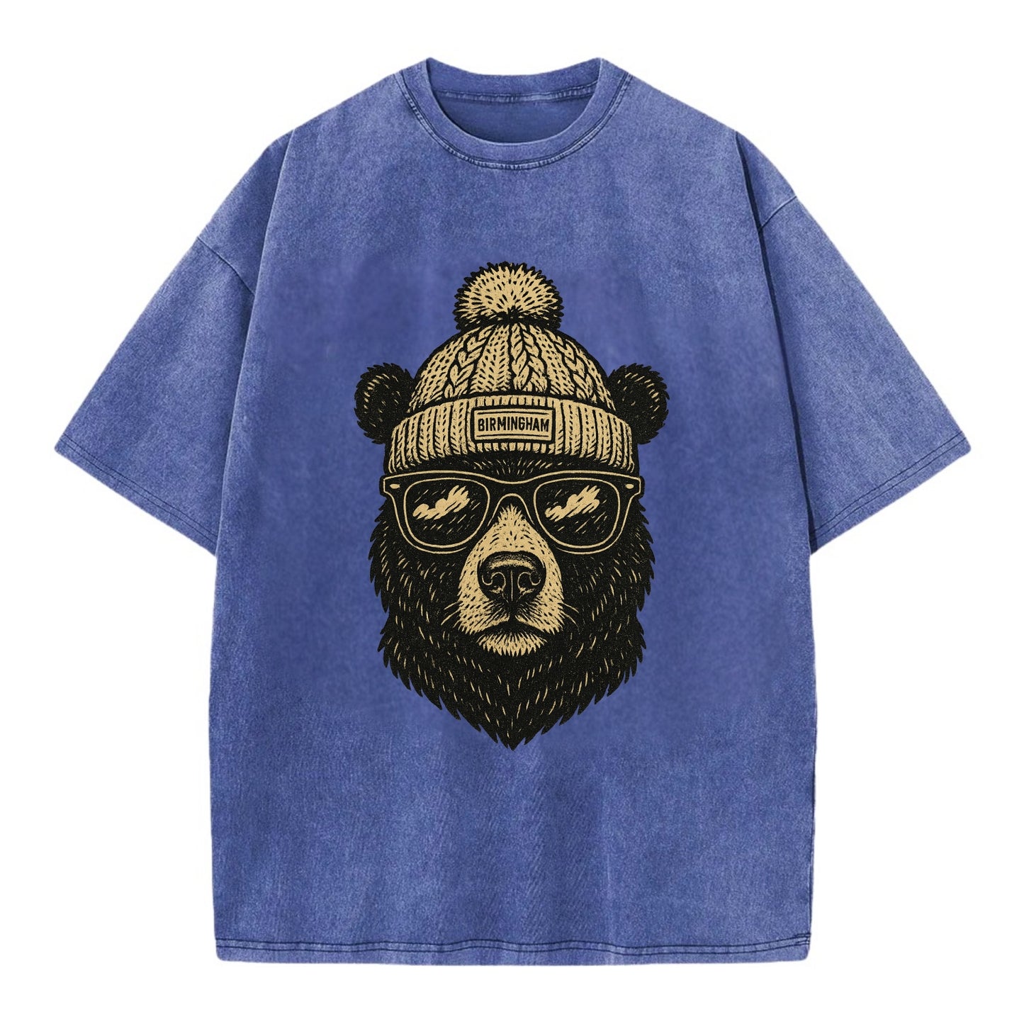 Alabama Black Bear wearing Birmingham beanie with pom pom and wayfarer sunglasses - Vintage T-shirt - Blue