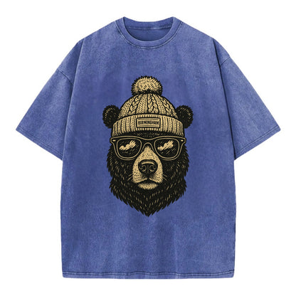 Alabama Black Bear wearing Birmingham beanie with pom pom and wayfarer sunglasses - Vintage T-shirt - Blue