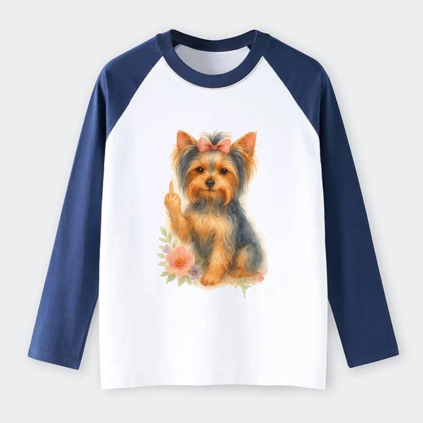 Yorkshire Terrier with topknot bow, one delicate paw flipping off - Raglan Long Sleeve T-Shirt - Blue