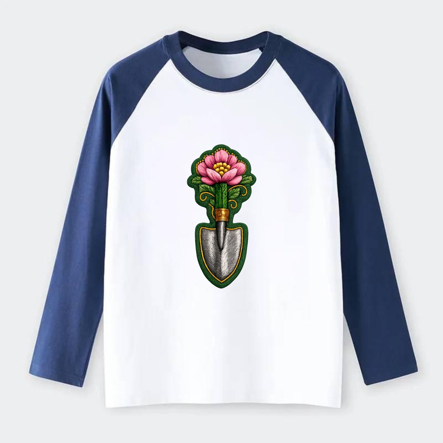 Embroidered patch design - GARDENING TROWEL FLOWER - garden tool with - Raglan Long Sleeve T-Shirt - Blue