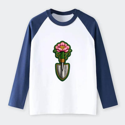 Embroidered patch design - GARDENING TROWEL FLOWER - garden tool with - Raglan Long Sleeve T-Shirt - Blue