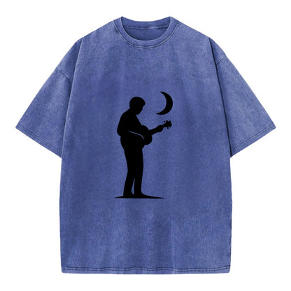 Guitarist playing acoustic under moonlight - Vintage T-shirt - Blue