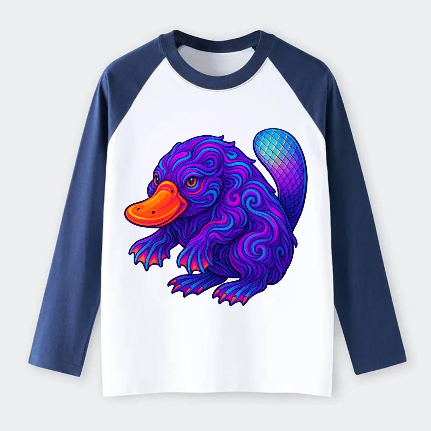 Quirky platypus with bill glowing in neon orange, beaver tail with - Raglan Long Sleeve T-Shirt - Blue