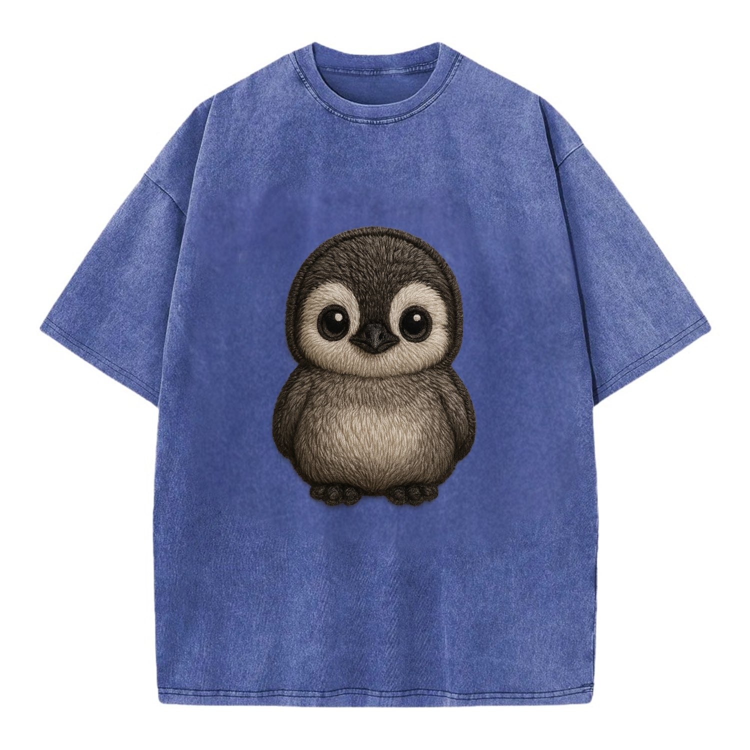 Baby Penguin Chick - gray fluffy, white face, round body, front-facing, tuxedo - Vintage T-shirt - Blue