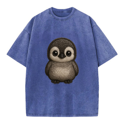 Baby Penguin Chick - gray fluffy, white face, round body, front-facing, tuxedo - Vintage T-shirt - Blue