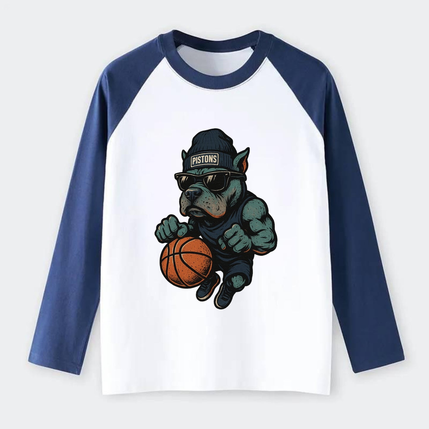 Detroit Pitbull wearing Pistons beanie with chrome patch and wayfarer - Raglan Long Sleeve T-Shirt - Blue