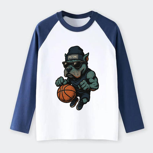 Detroit Pitbull wearing Pistons beanie with chrome patch and wayfarer - Raglan Long Sleeve T-Shirt