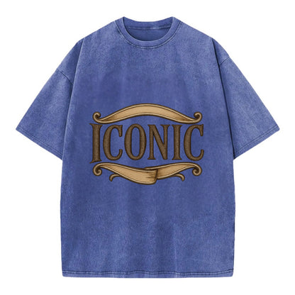 Bold typography design - "ICONIC" - instantly recognizable, trendsetter - Vintage T-shirt - Blue