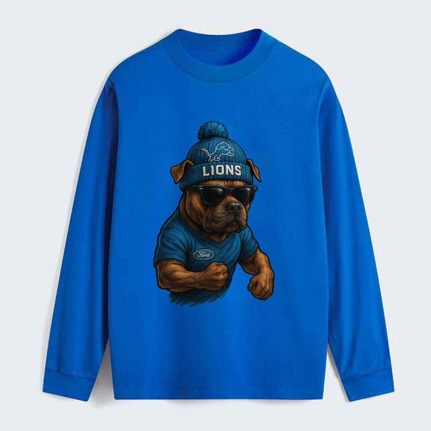 Detroit Pitbull wearing Lions beanie with auto patch and wayfarer - Classic Long Sleeve Shirt - Blue