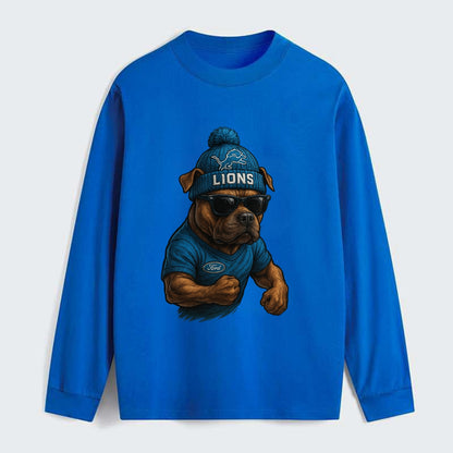Detroit Pitbull wearing Lions beanie with auto patch and wayfarer - Classic Long Sleeve Shirt - Blue