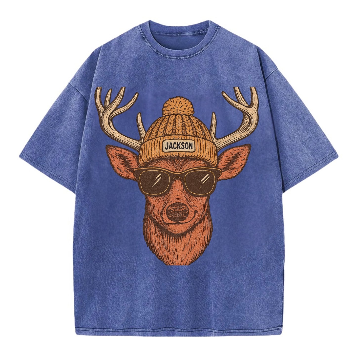 Mississippi White-tailed Deer wearing Jackson beanie with pom pom and wayfarer - Vintage T-shirt - Blue