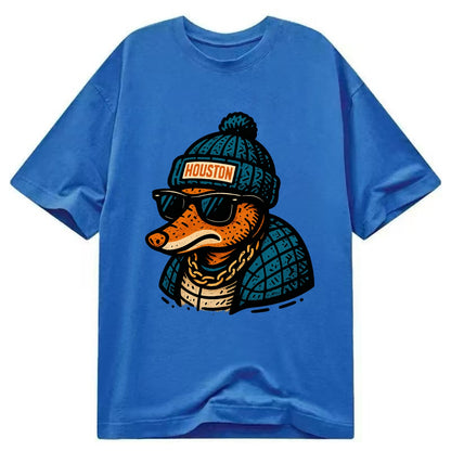 Houston Armadillo wearing Houston beanie with pom pom and wayfarer sunglasses - Classic T-shirt - Blue