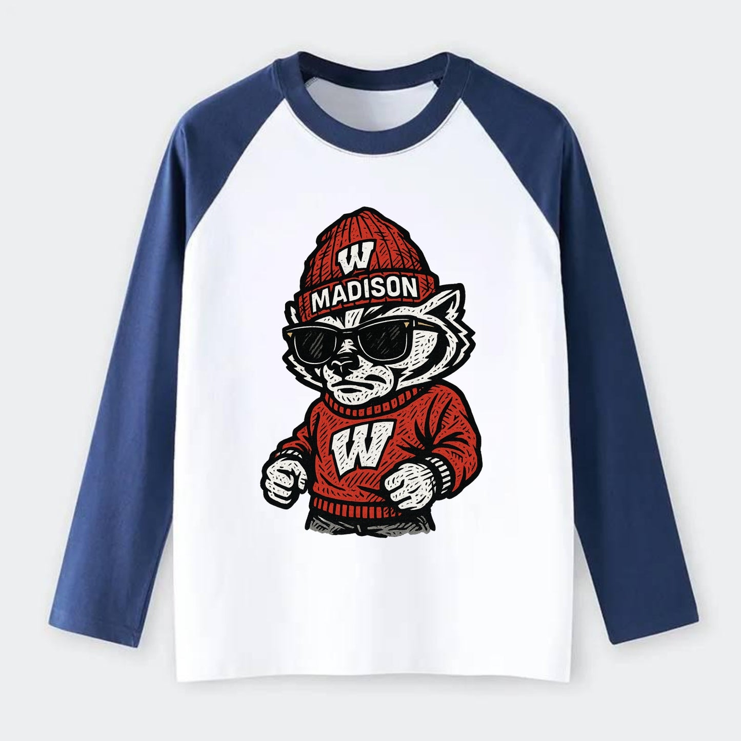 Madison Badger wearing Wisconsin beanie with motion W patch - Raglan Long Sleeve T-Shirt - Blue
